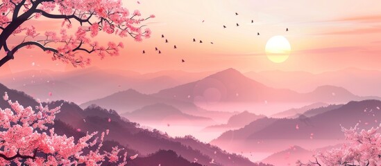 Poster - Sunrise Over Misty Mountains and Cherry Blossoms