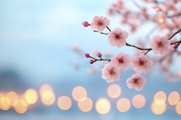 Poster - Blossoming Serenity: A Captivating Tree Adorned with Delicate Pink Flowers Against a Clear Blue Sky, Symbolizing Renewal and the Beauty of Natures Colors