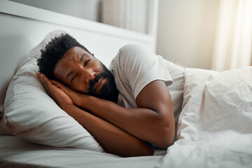 Sticker - Black man, sleeping and bed with morning, home and relaxing for wellness, comfort and pillow for healthy rest. African guy, asleep and bedroom with dreams, fatigue and peaceful nap on mattress