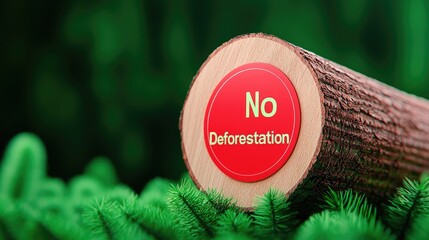 A wooden log with a bright red sign advocating against deforestation, surrounded by vibrant green plants, symbolizing nature's protection.