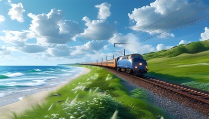 Coastal train journey through lush green fields under a bright blue sky with fluffy white clouds and the refreshing sea breeze