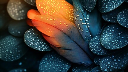 Two colorful feathers with dew drops surrounded by leaves with dew drops.