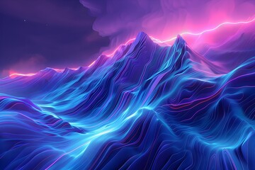 Poster - 3d render of abstract glowing purple and blue waves with dark background, flowing lines, fluid forms, organic shapes, smooth curves, cinematic lighting