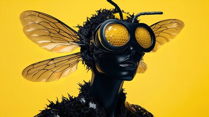 Surreal Bee-Human Hybrid Portrait: Futuristic Art Piece Featuring Glossy Black Skin, Insect Goggles & Winged Headpiece – Perfect for Sports Interior Posters!