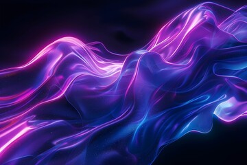 Poster - 3d render of abstract glowing purple and blue waves with dark background, flowing lines, fluid forms, organic shapes, smooth curves, cinematic lighting