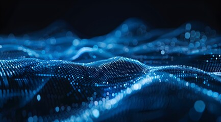 Aufkleber - Abstract blue digital background with glowing waves and dots on a dark background, a data technology