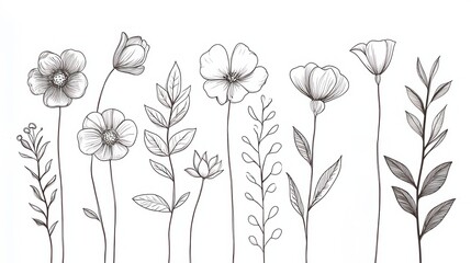 Clean vector outline illustration of hand drawn flowers and leaves in a simple design