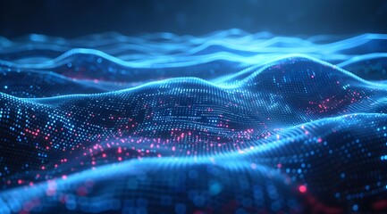 Poster - Abstract blue digital background with flowing waves of glowing particles and dots, creating an elegant futuristic design for technology or data visualization