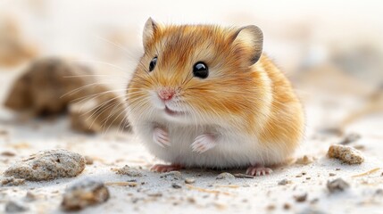 A cute hamster with orange fur sitting on sandy ground.