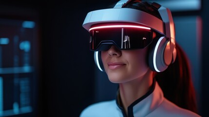 Poster - A young woman is immersed in a virtual reality experience, donning a sleek headset and headphones while interacting with a glowing digital interface in a high-tech setting
