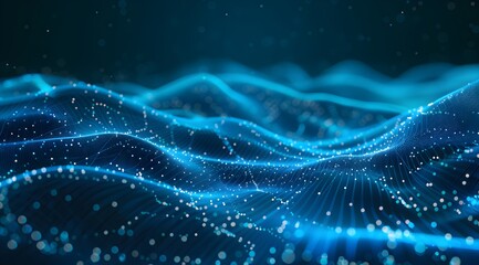 Poster - Abstract blue digital background with glowing waves and dots on a dark background, a data technology concept