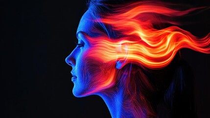 Poster - A woman's profile is illuminated by vibrant light trails that swirl and flow around her, creating a captivating visual effect against a dark background, emphasizing movement and creativity