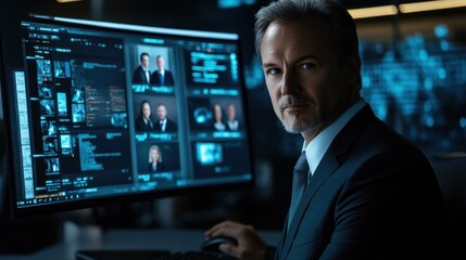Poster - A business executive in formal attire focuses intently on digital data displayed on large screens in a contemporary office setting during the evening