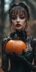 Wall Mural - Goth inspired woman, holding a pumpkin, fashion and make-up shoot Portrait. Gothic, Goth, Victorian, Dark style fashion. Dark smokey make-up, red lipstick. Dramatic. Elegant.	