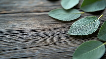 Poster - Green Leaves on Wooden Background : Generative AI