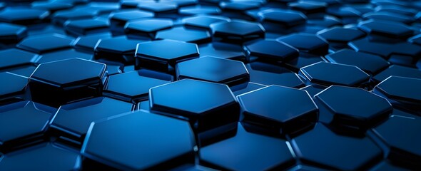 Poster - Blue background with dark blue hexagons in a seamless pattern, creating an abstract and futuristic design