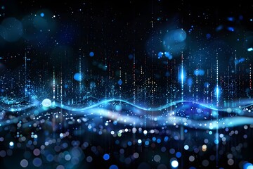Poster - Blue digital particles and sound waves on a black background, a technology concept banner with a copy space area