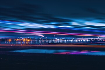 A picture of an airplane at speed blurred lights