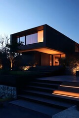 Sticker - Modern Black House With Illuminated Stairs At Dusk