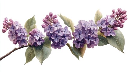 Wall Mural - A detailed illustration of lilac flowers with leaves.