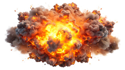 A dramatic explosion showcasing fiery colors and thick smoke, isolated on a transparent or white background.