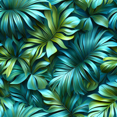 A seamless pattern of tropical leaves of exotic plants from the paradise islands. Green botanical background. A plant with lush green foliage on a blue background. Backdrop