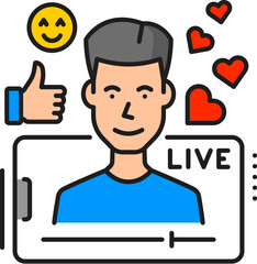 Leinwandbilder - Social media blogging or line streaming line icon. Blogger influence, web multimedia technology or Internet blogging linear vector icon. Social media video thin line pictogram with streamer character