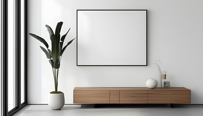 Wall Mural - Minimalist interior with a close-up of a white wall displaying a sleek black wooden frame hanging empty, evoking a sense of simplicity and tranquility.