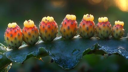 Close-up of colorful cactus fruit with dew drops.