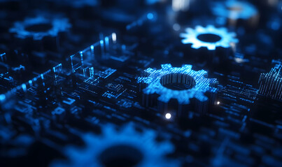 Abstract digital gears on a circuit board background.