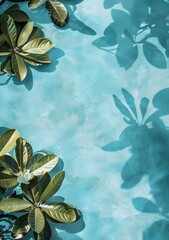 Wall Mural - Green Leaves and Shadows on a Blue Background