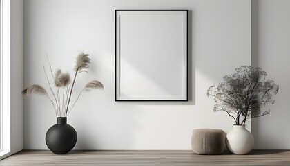 Wall Mural - Minimalist interior with a close-up of a white wall displaying a sleek black wooden frame hanging empty, evoking a sense of simplicity and tranquility.