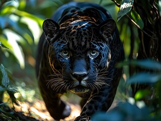 A black jaguar prowls through lush green vegetation in the wild during the early morning hours. Generative AI