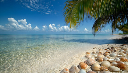 Wall Mural - Tropical beach paradise with clear blue water and palm trees.