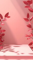 Sticker - Pink Background With Red Leaves And Platform