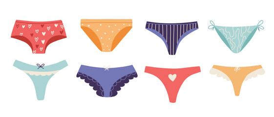 Set of women panties in flat style. Collection of women underwear in hand-drawn style. Vector illustration isolated on white background.