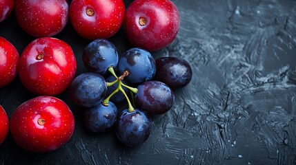 Poster - Plums and One Grape Top View Background : Generative AI