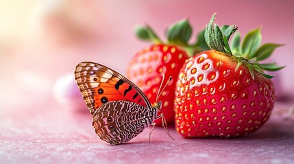 Poster - Two Strawberries and Butterfly on Pink Background : Generative AI