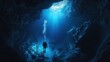 © indyntk - Subterranean diver exploring vast underwater cave system serene blue hues and distant light sources illuminating the path otherworldly journey into the deep unknown