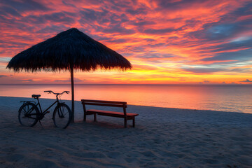 Wall Mural - Relaxing tropical beach scene with a bicycle, bench and a thatched umbrella at sunset.