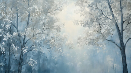 Wall Mural - A dreamy painting of a misty forest with white trees and soft blue hues.