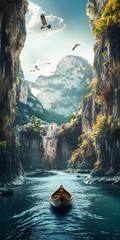 Wall Mural - Boat on a River with Cliff Walls and Mountains