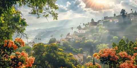 Wall Mural - Sunbeams Shining Over Lush Greenery In The Hills