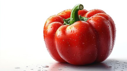 Wall Mural - A fresh red bell pepper with water droplets on a white background.