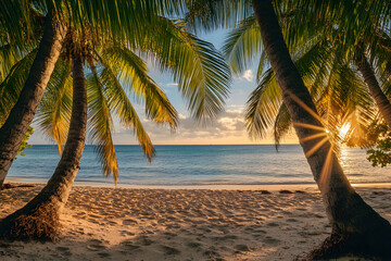 Wall Mural - Palm trees frame a breathtaking sunset over a tranquil tropical beach.