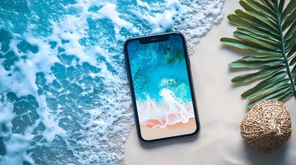 Wall Mural - Phone on the Beach with Ocean Waves and Palm Leaf