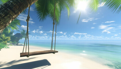 Wall Mural - A wooden swing hangs from a palm tree on a beautiful beach with turquoise water and white sand.