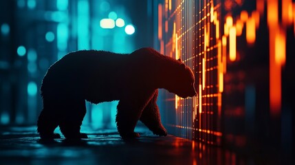 Poster - A towering bear shadow looming over a dimly lit stock market chart symbolizing a market downturn 