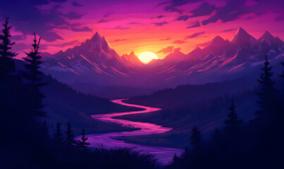 Canvas Print - A stunning sunset illuminates the mountains as a winding river flows through the valley.