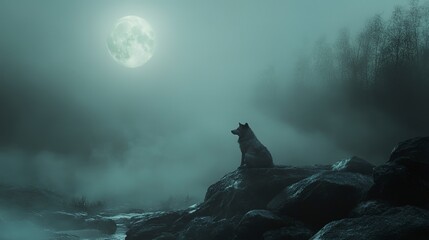 Poster - A poignant image of a wolf seated on rocks, howling beneath a full moon in a foggy forest, representing solitude and the raw beauty of the untamed wilderness. 